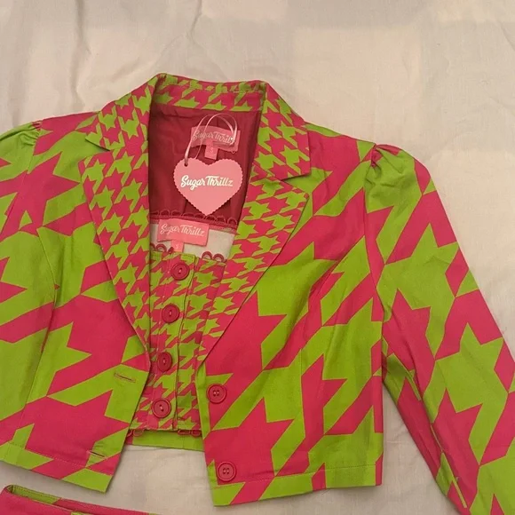 Am I the drama? Sugar Thrillz Neon Pink and Lime Houndstooth Set nwt - Picture 3 of 13